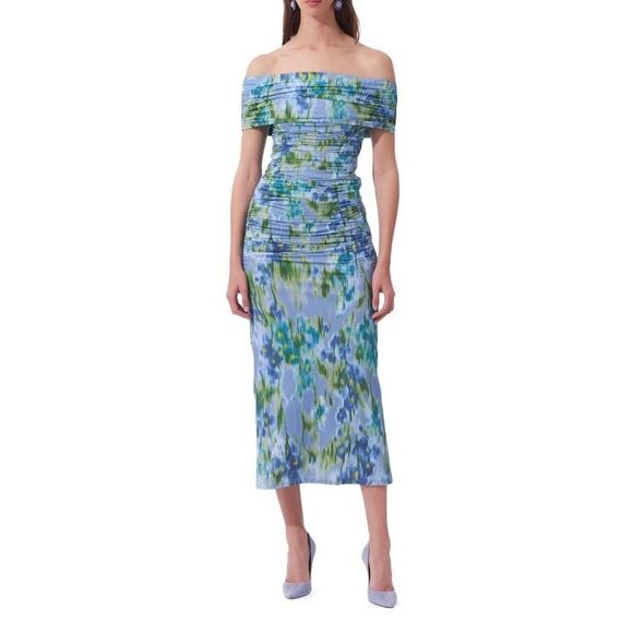 CAROLINA HERRERA Floral Ruched Off-the-Shoulder Midi-Dress Size M $1,390 - Picture 1 of 3
